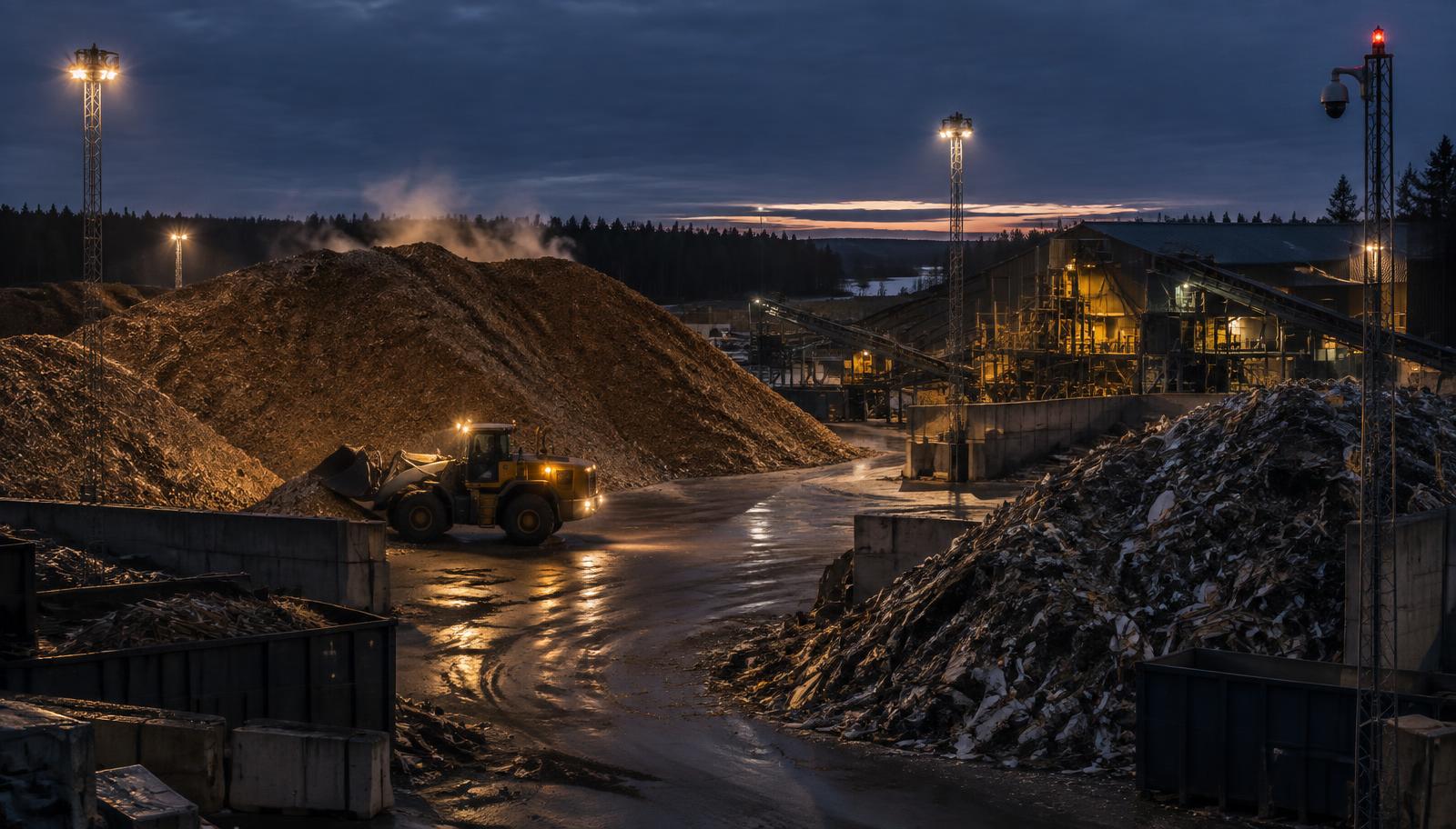 Återvinningsanläggning i skymning med upplag av flis och sorterat avfall, hjullastare och belysningsmaster