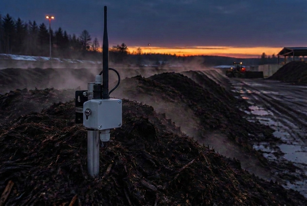 Kompoststrängar som ångar i gryningen, med ett temperaturspett i förgrunden